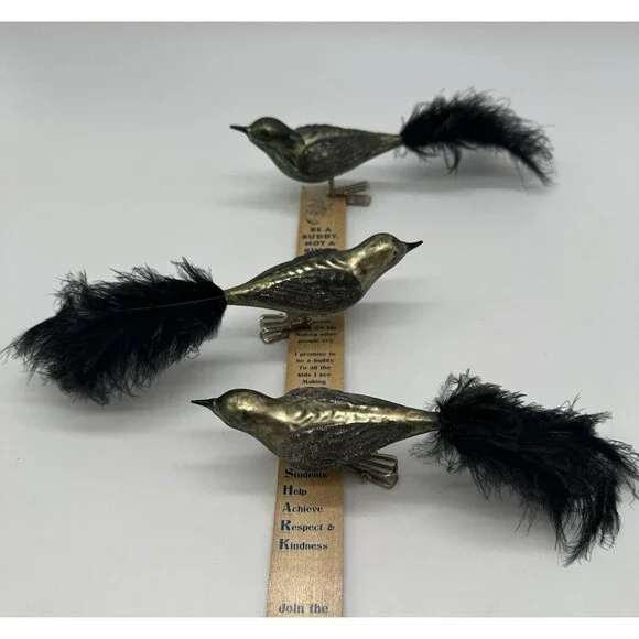 3 Blown Glass Bird Clip On Ornaments Feather Tails Gold & Black Glitter Vintage - Picture 3 of 16